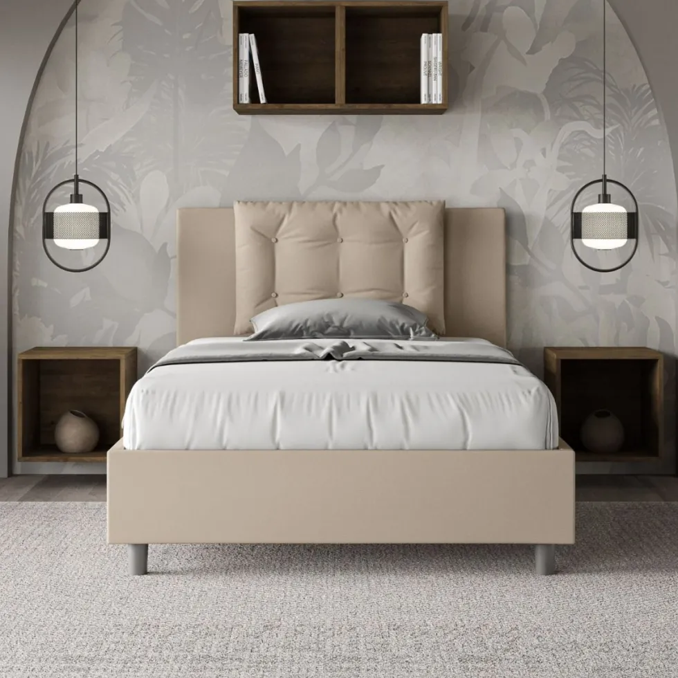 Letto 120x190cm a una piazza e mezza con bottoni in similpelle tortora LIT171