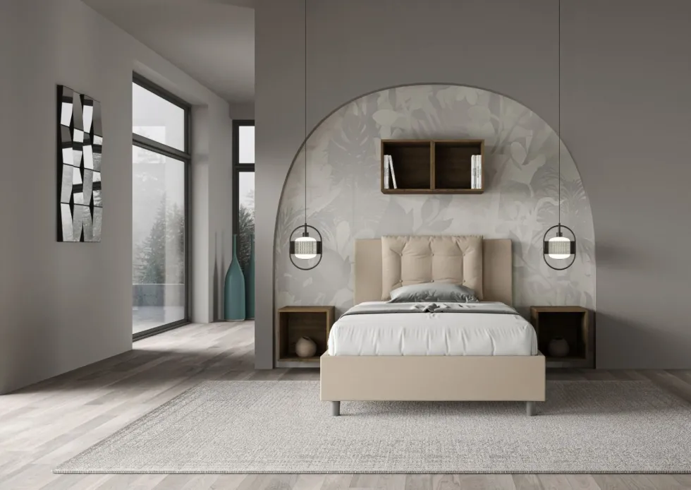 Letto 120x190cm a una piazza e mezza con bottoni in similpelle tortora LIT171