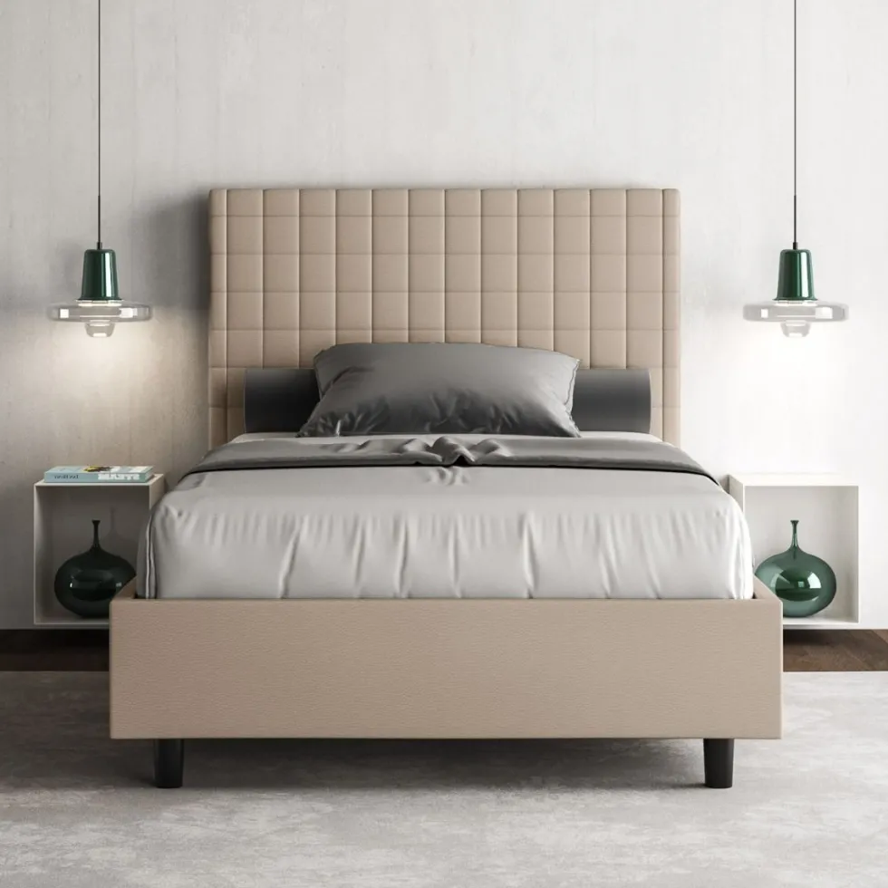 Letto 120x210cm a una piazza e mezza con testiera a quadretti tortora LIT211