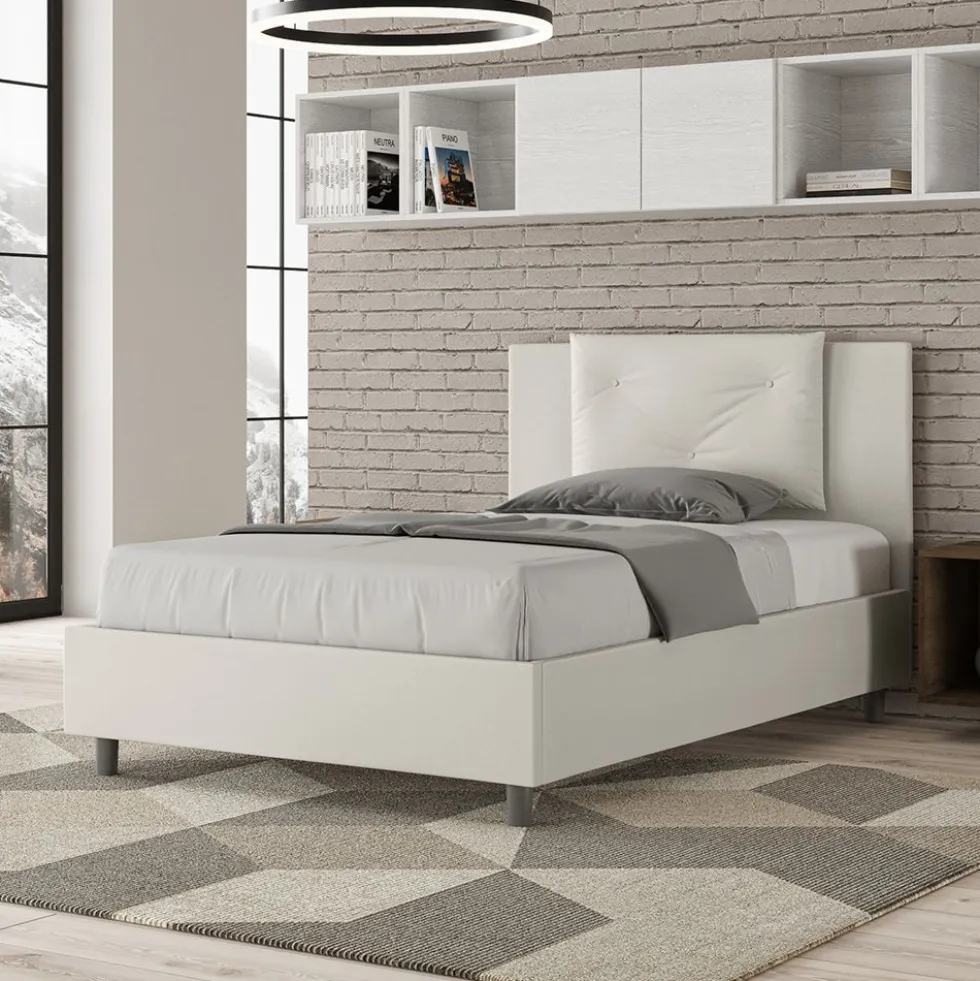 Letto 120x190cm a una piazza e mezza con tre bottoni in similpelle bianco LIT177