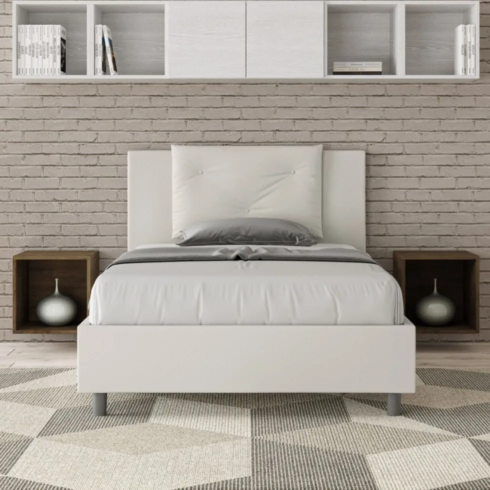 Letto 120x190cm a una piazza e mezza con tre bottoni in similpelle bianco LIT177