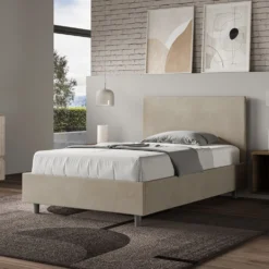 Letto 120x210cm a una piazza e mezza con testiera in microfibra sabbia beige LIT157