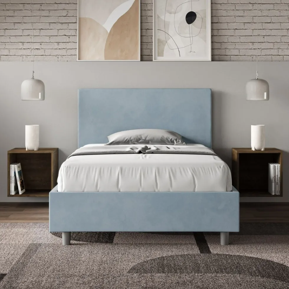 Letto 120x210cm a una piazza e mezza con testiera in microfibra azzurro LIT157