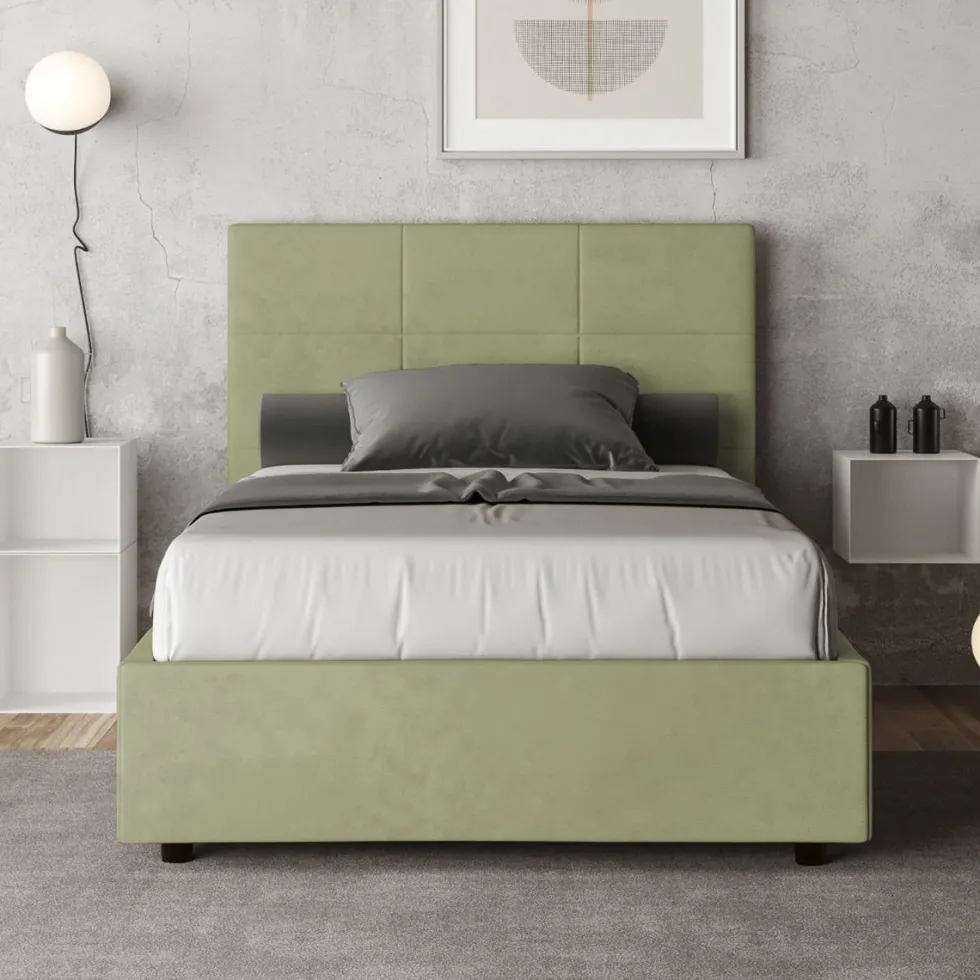 Letto 120x190cm a una piazza e mezza con giroletto in microfibra tè verde LIT191