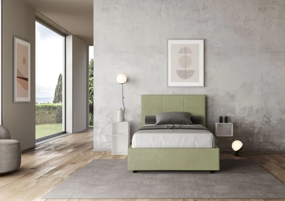 Letto 120x190cm a una piazza e mezza con giroletto in microfibra tè verde LIT191