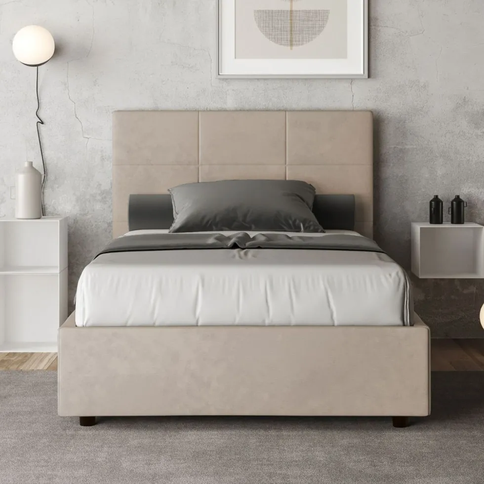 Letto 120x190cm a una piazza e mezza con giroletto in microfibra sabbia beige LIT191