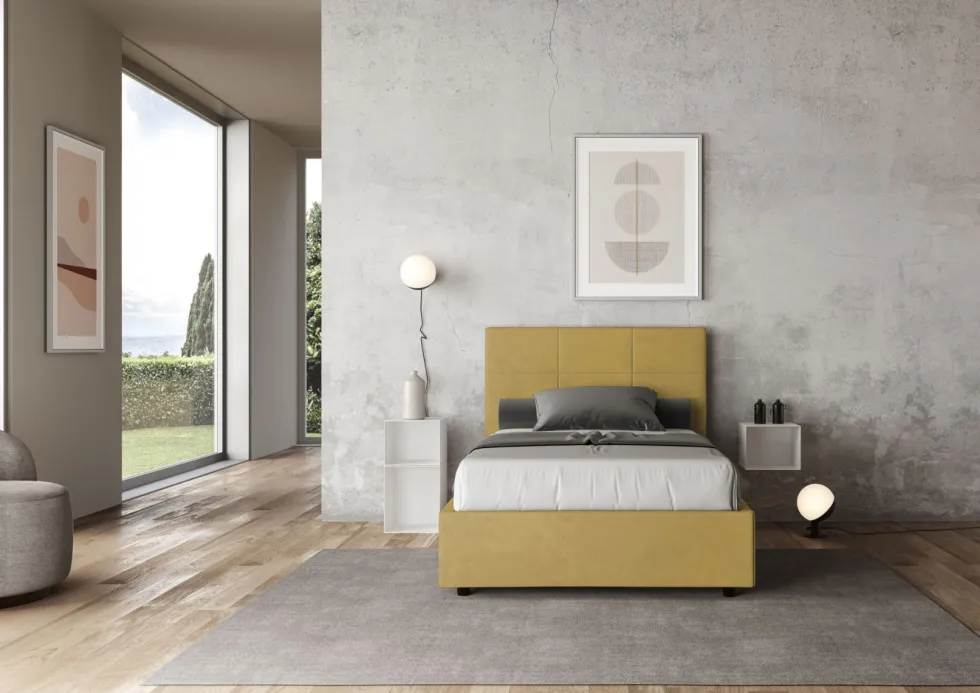 Letto 120x190cm a una piazza e mezza con giroletto in microfibra ocra LIT191