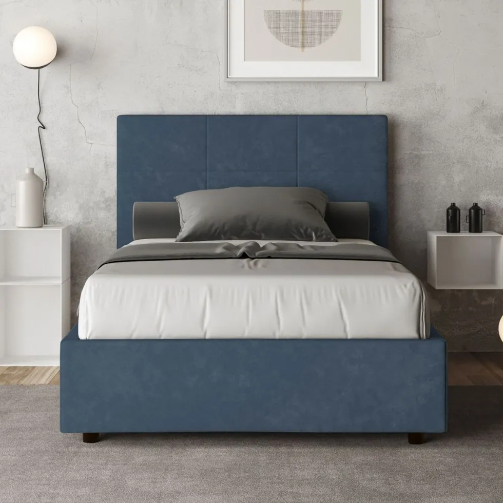 Letto 120x190cm a una piazza e mezza con giroletto in microfibra blu LIT191