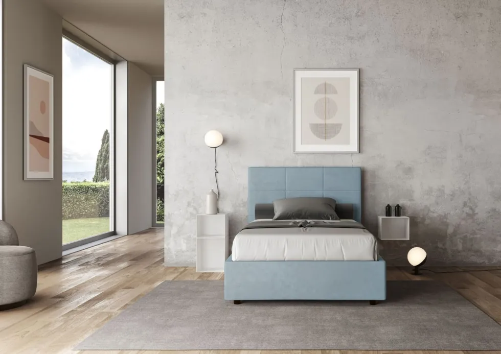 Letto 120x190cm a una piazza e mezza con giroletto in microfibra azzurro LIT191