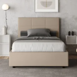 Letto 120x190cm a una piazza e mezza con giroletto in similpelle tortora LIT189