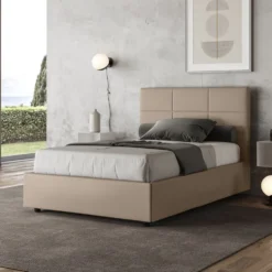 Letto 120x190cm a una piazza e mezza con giroletto in similpelle tortora LIT189