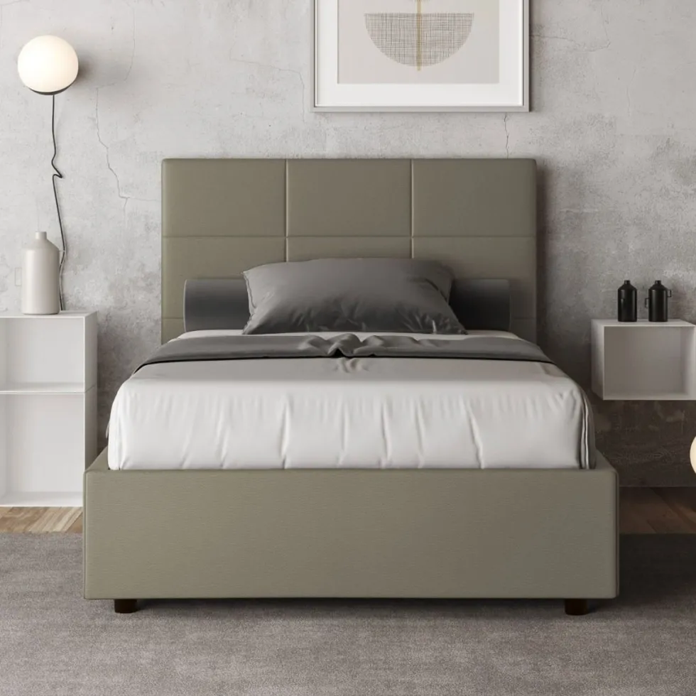 Letto 120x190cm a una piazza e mezza con giroletto in similpelle cappuccino LIT189