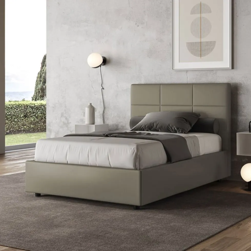 Letto 120x190cm a una piazza e mezza con giroletto in similpelle cappuccino LIT189