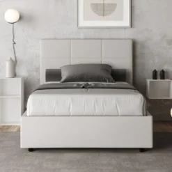 Letto 120x190cm a una piazza e mezza con giroletto in similpelle bianco LIT189