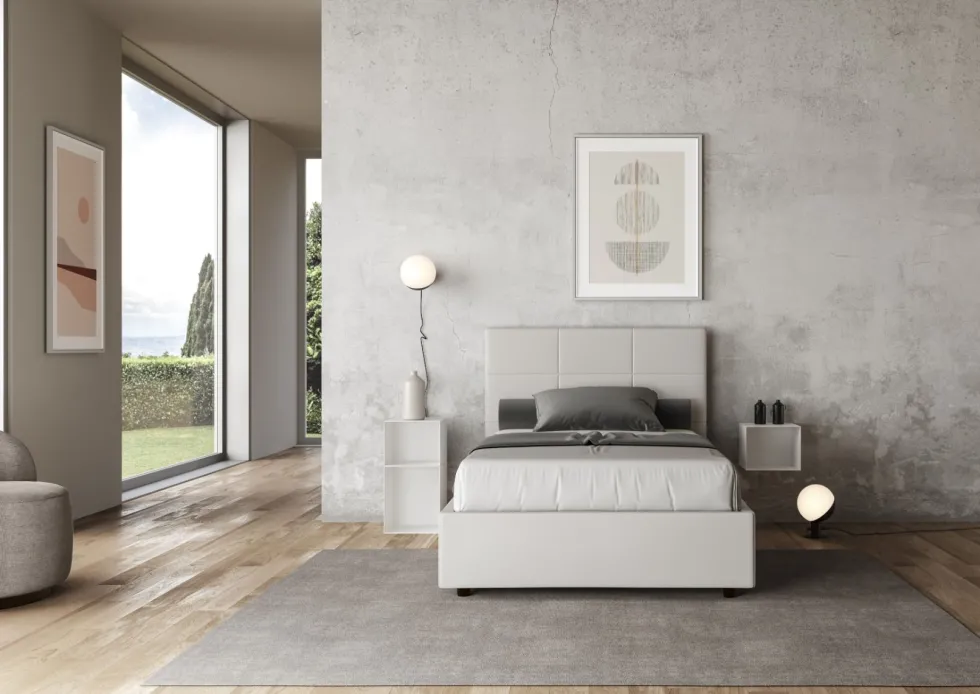Letto 120x190cm a una piazza e mezza con giroletto in similpelle bianco LIT189