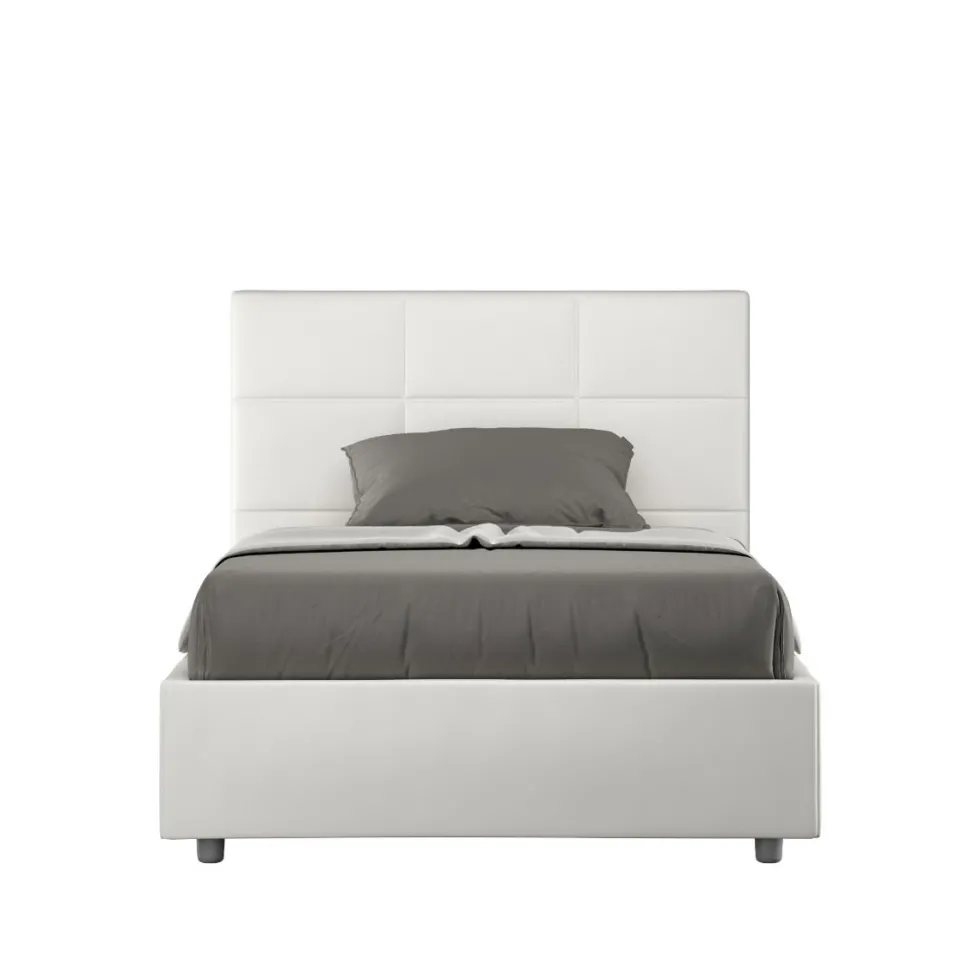 Letto 120x190cm a una piazza e mezza con giroletto in similpelle bianco LIT189