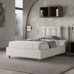 Letto 120x190cm a una piazza e mezza con bottoni in similpelle bianco LIT171
