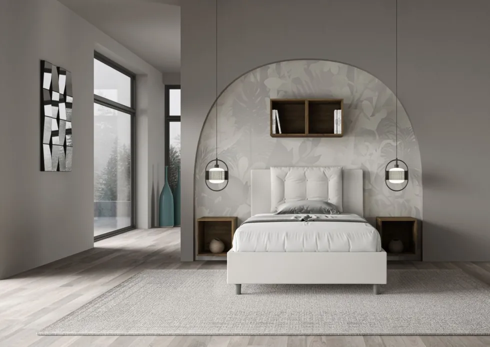 Letto 120x190cm a una piazza e mezza con bottoni in similpelle bianco LIT171
