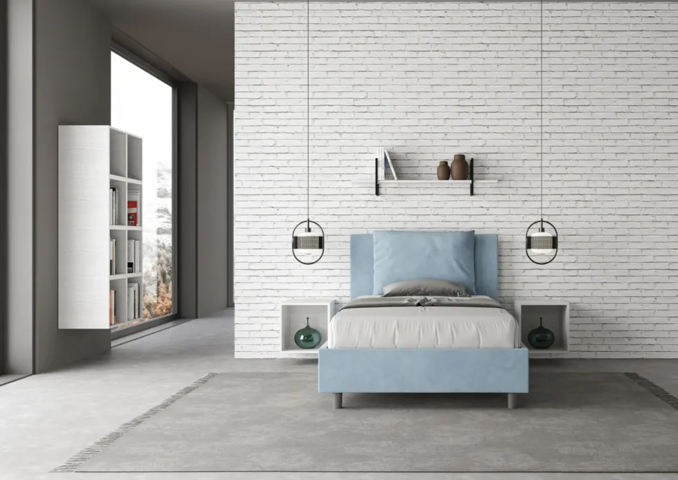 Letto 120x210cm a una piazza e mezzo con cuscino in microfibra azzurro LIT169