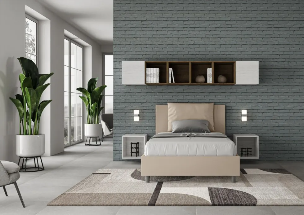Letto 120x190cm a una piazza e mezzo con cuscino in similpelle tortora LIT159