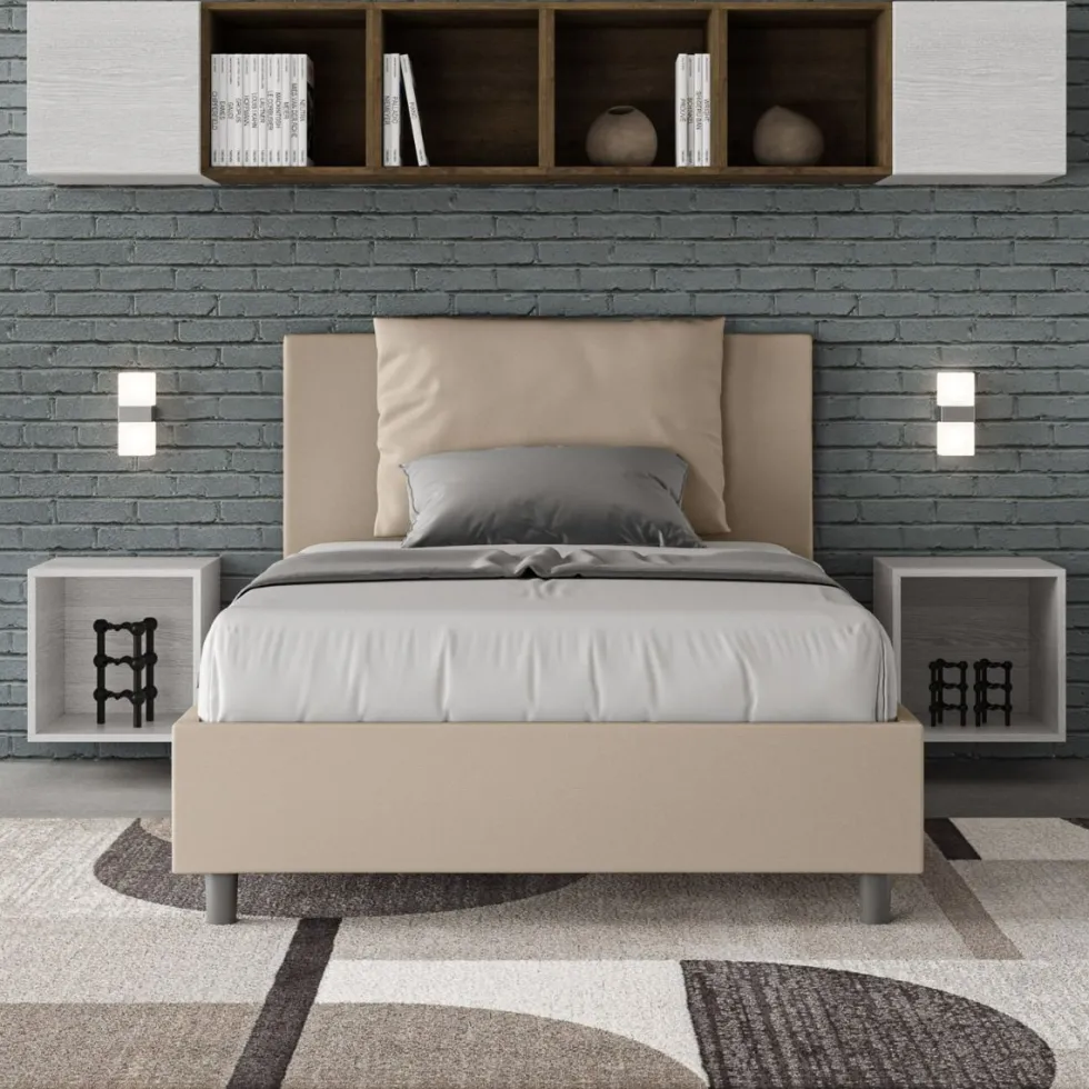 Letto 120x190cm a una piazza e mezzo con cuscino in similpelle tortora LIT159