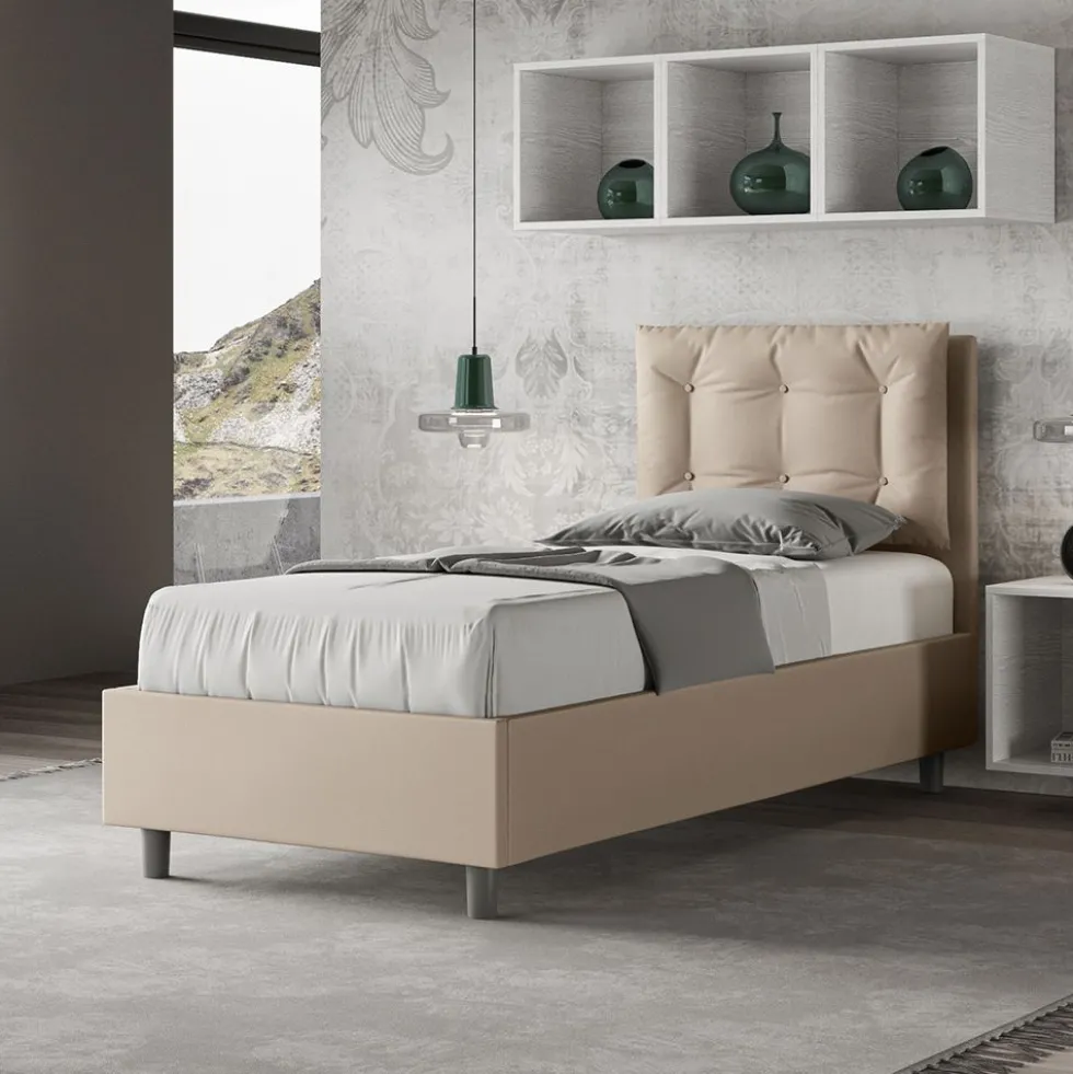 Letto 80x190cm a una piazza singolo con bottoni in similpelle tortora LIT37
