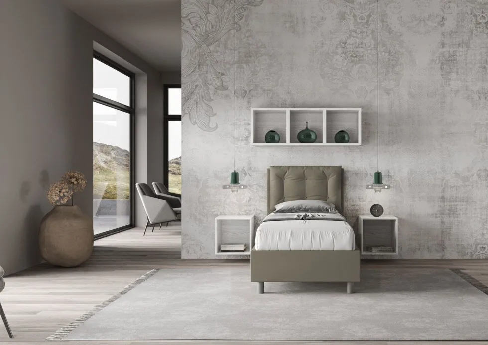 Letto 80x190cm a una piazza singolo con bottoni in similpelle cappuccino LIT37