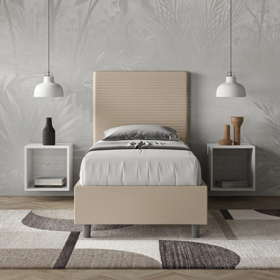 Letto 80x200cm contenitore a una piazza imbottito in similpelle tortora LIT58