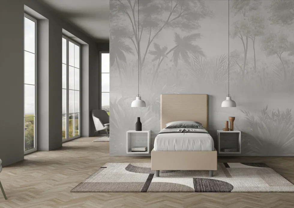 Letto 80x200cm contenitore a una piazza imbottito in similpelle tortora LIT58