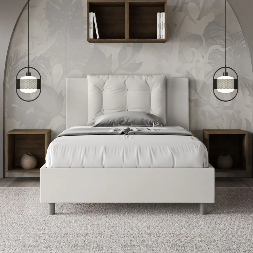 Letto 120x190cm contenitore con bottoni in similpelle bianco LIT172