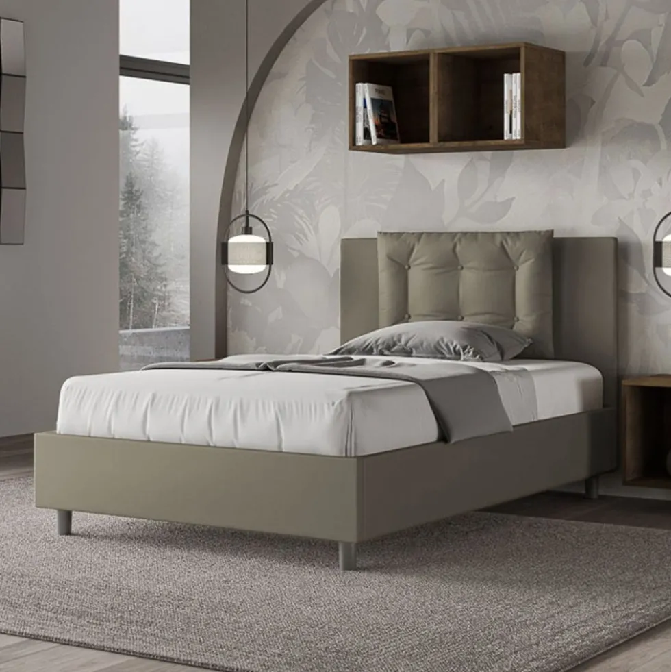 Letto 120x190cm contenitore con bottoni in similpelle cappuccino LIT172