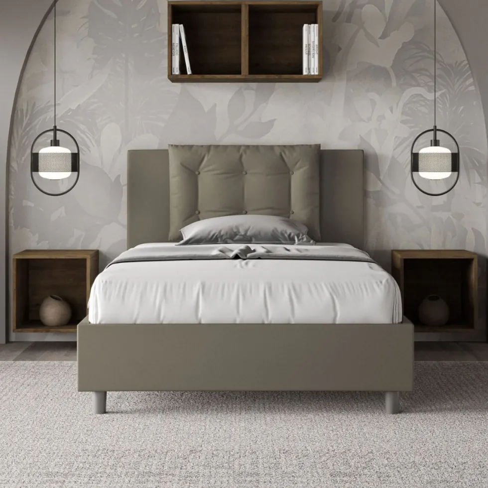 Letto 120x190cm contenitore con bottoni in similpelle cappuccino LIT172