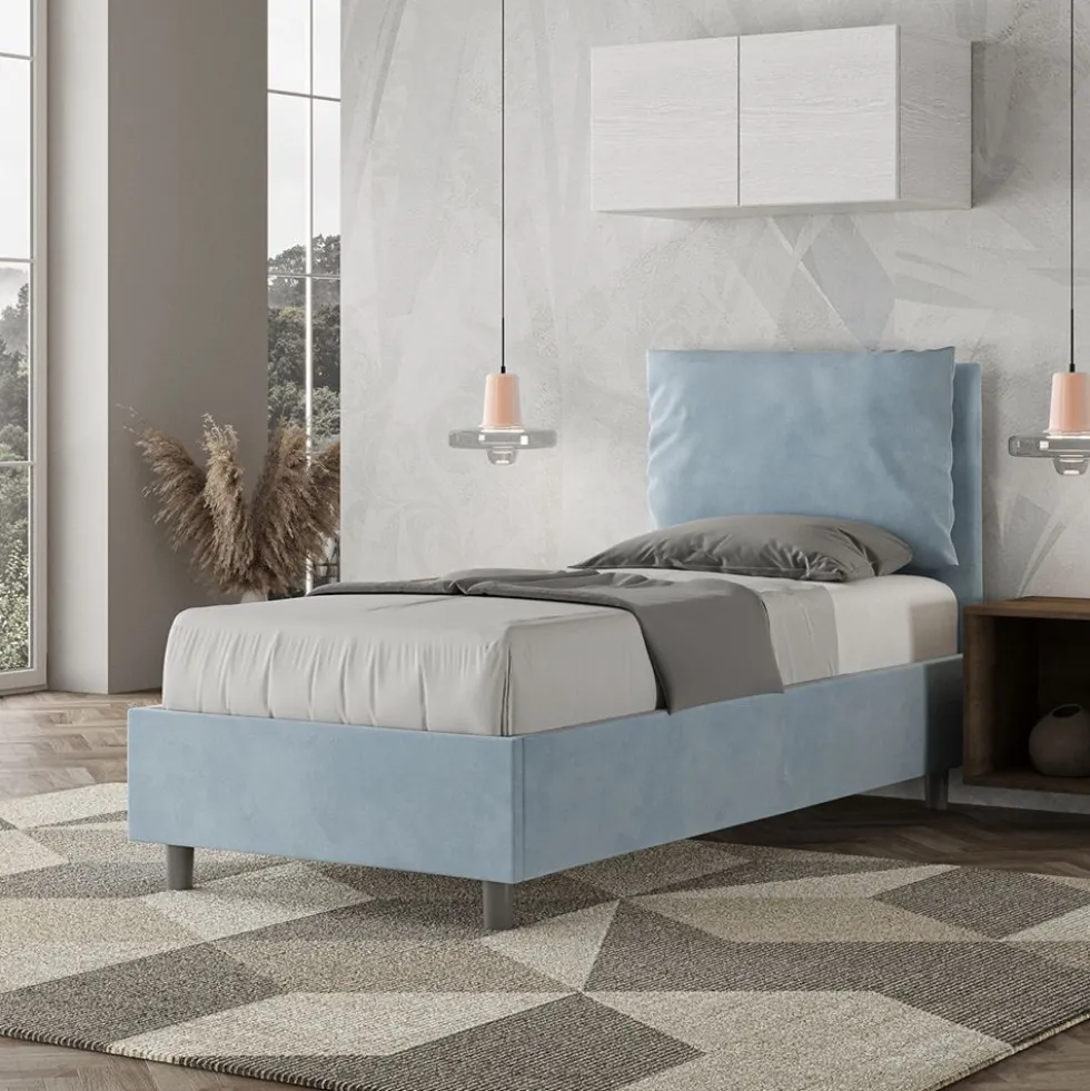 Letto 90x190cm contenitore con cuscino imbottito in microfibra azzurro LIT106
