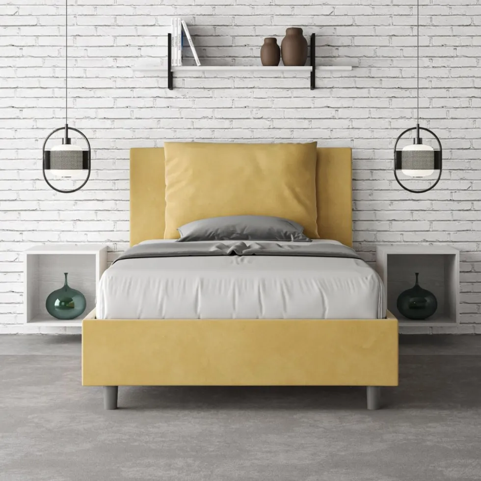 Letto 120x190cm contenitore con cuscino in microfibra ocra LIT162