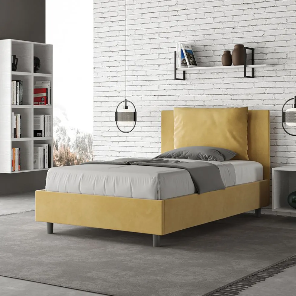 Letto 120x190cm contenitore con cuscino in microfibra ocra LIT162