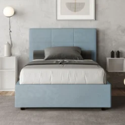 Letto 120x200cm contenitore con giroletto in microfibra azzurro LIT196
