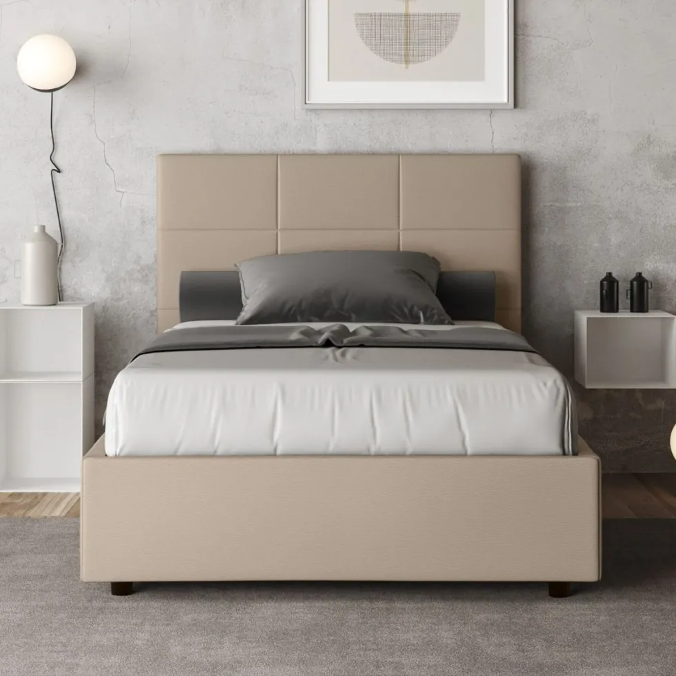 Letto 120x200cm contenitore con giroletto in similpelle tortora LIT194