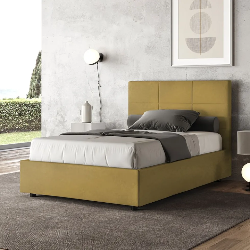 Letto 120x190cm contenitore con giroletto in microfibra ocra LIT192