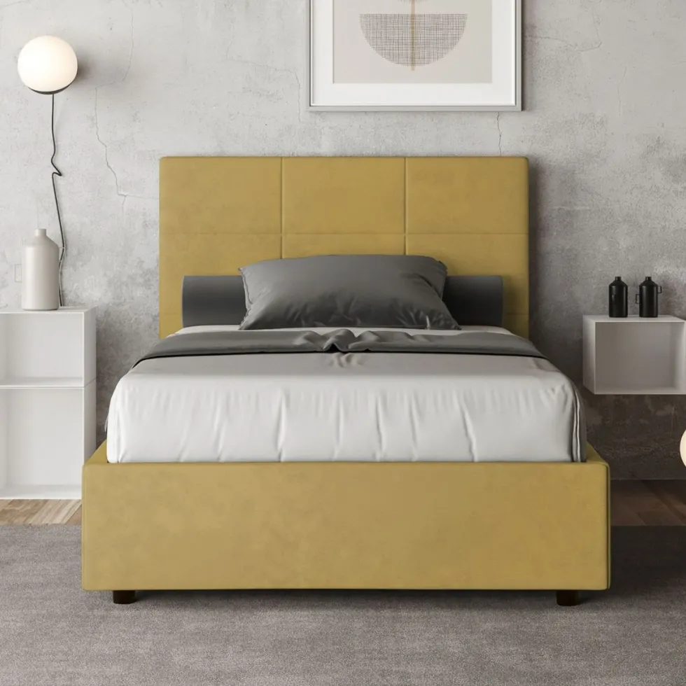 Letto 120x190cm contenitore con giroletto in microfibra ocra LIT192
