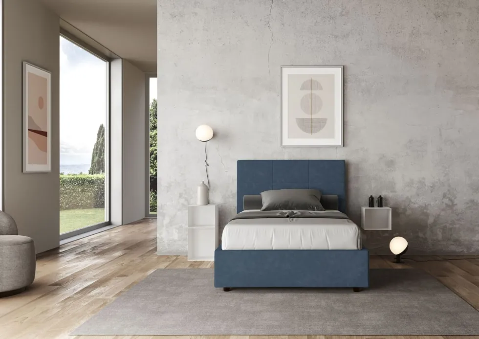 Letto 120x190cm contenitore con giroletto in microfibra blu LIT192