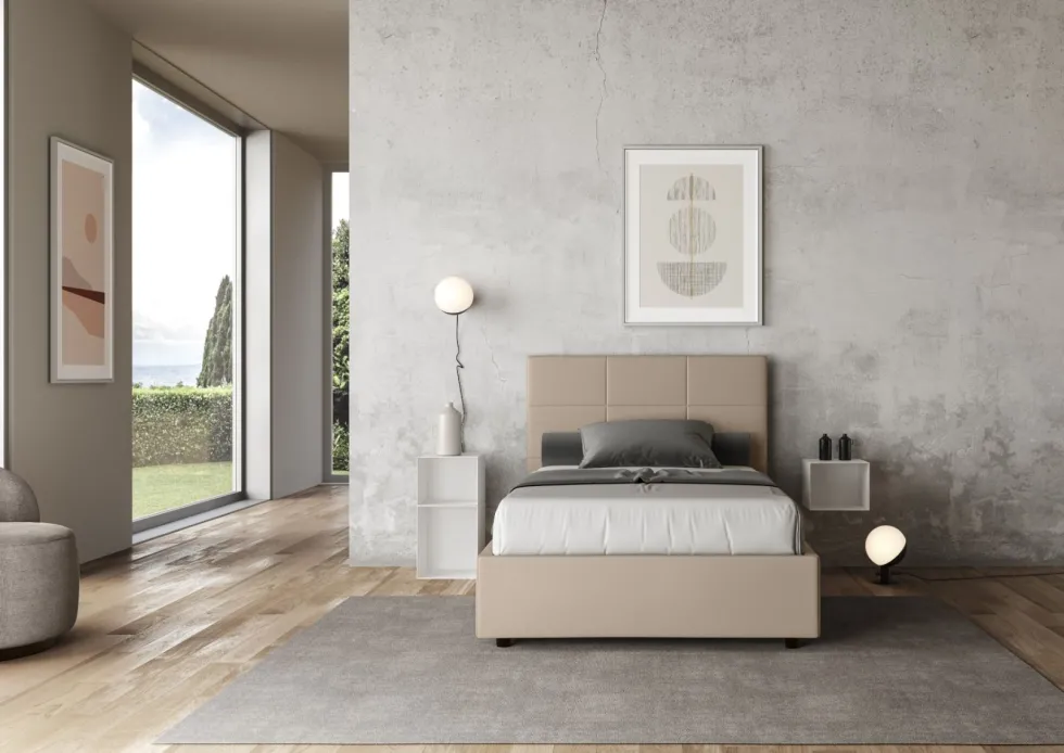 Letto 120x190cm contenitore con giroletto in similpelle tortora LIT190