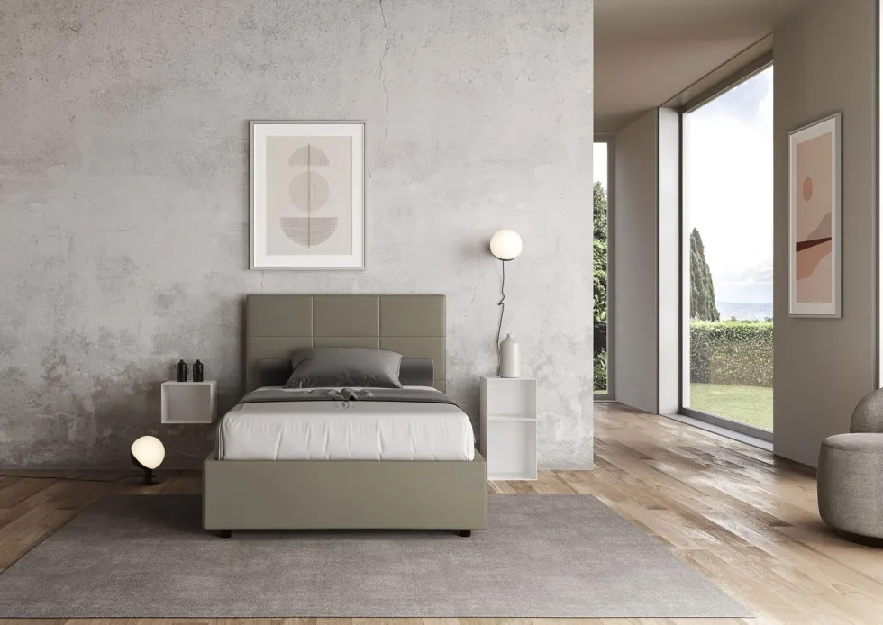 Letto 120x190cm contenitore con giroletto in similpelle cappuccino LIT190