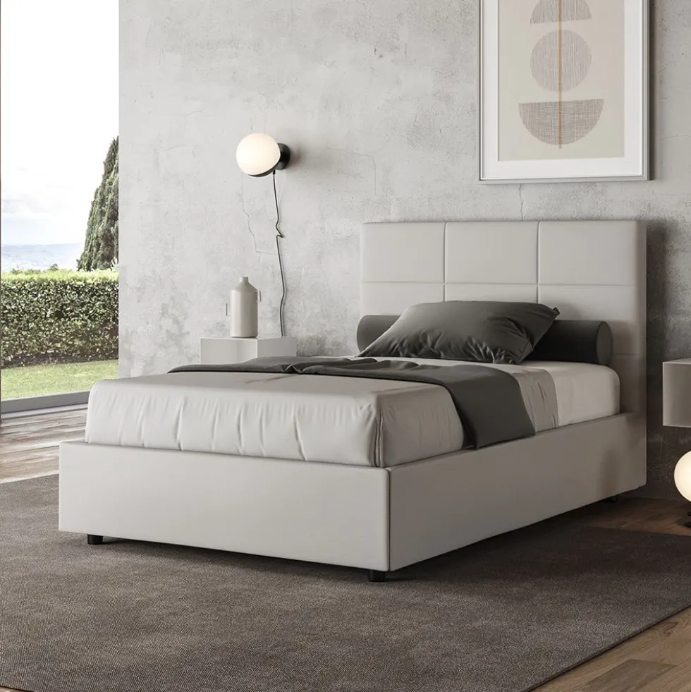 Letto 120x190cm contenitore con giroletto in similpelle bianco LIT190