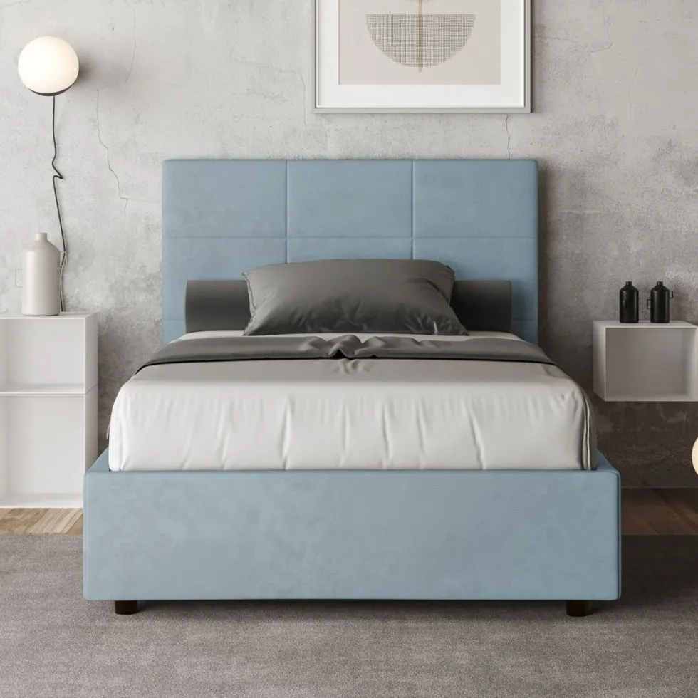 Letto 120x210cm contenitore con giroletto in microfibra azzurro LIT200