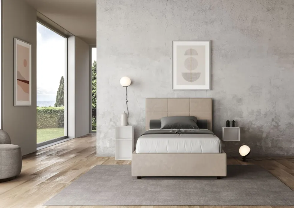 Letto 120x200cm contenitore con giroletto in microfibra sabbia beige LIT196