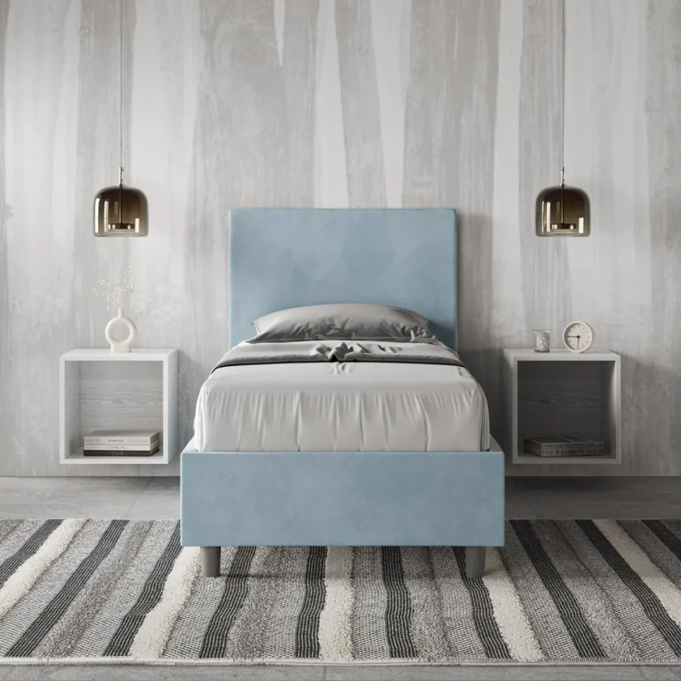 Letto 90x190cm contenitore con testiera liscia in microfibra azzurro LIT100