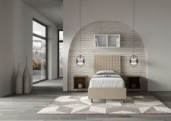 Letto 80x190cm contenitore con testiera a quadretti in similpelle tortora LIT62