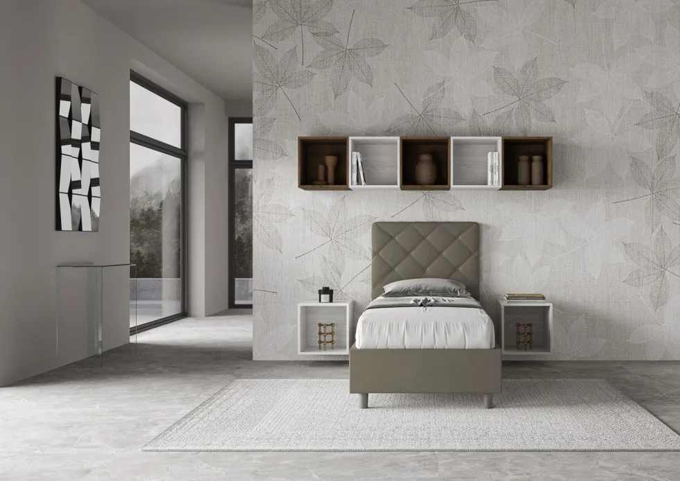 Letto 80x200cm contenitore con testiera trapuntata design a rombo cappuccino LIT70