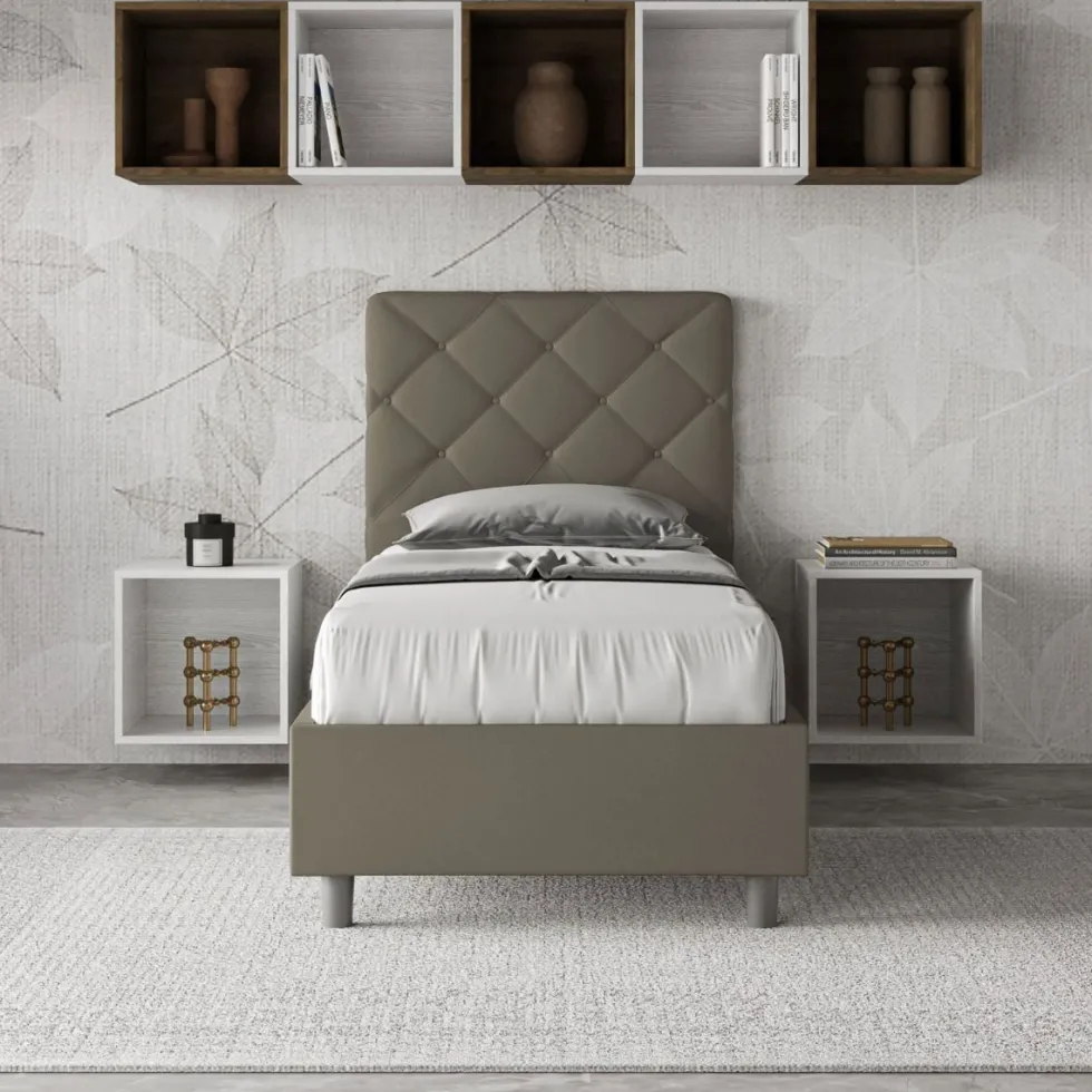 Letto 80x200cm contenitore con testiera trapuntata design a rombo cappuccino LIT70