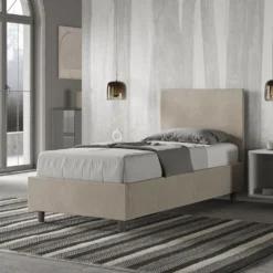 Letto 90x200cm contenitore con testiera liscia in microfibra sabbia beige LIT102